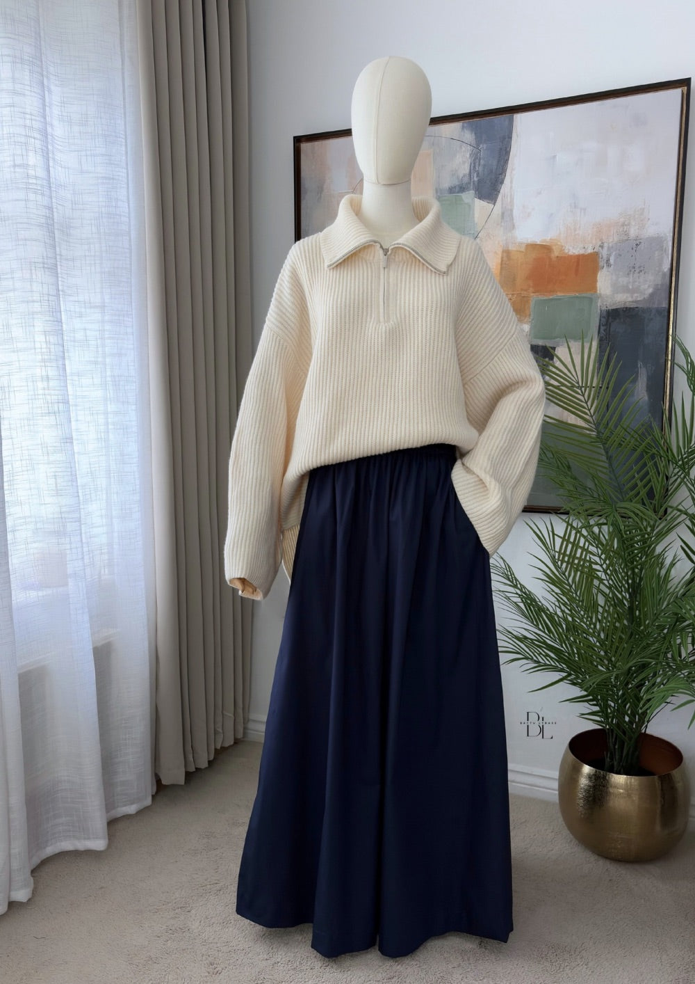 Oversized Ribbed Zip-Neck Jumper