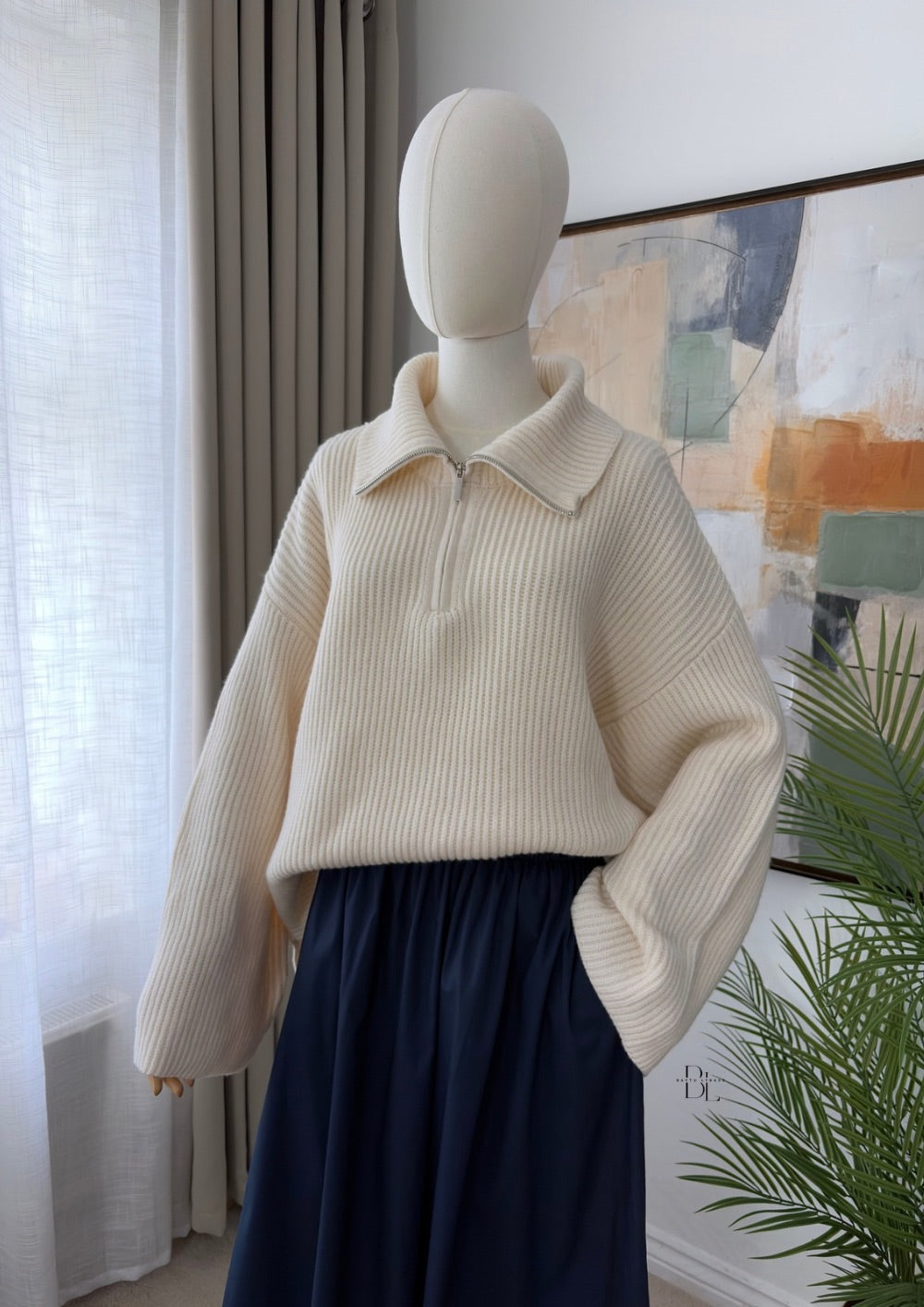 Oversized Ribbed Zip-Neck Jumper