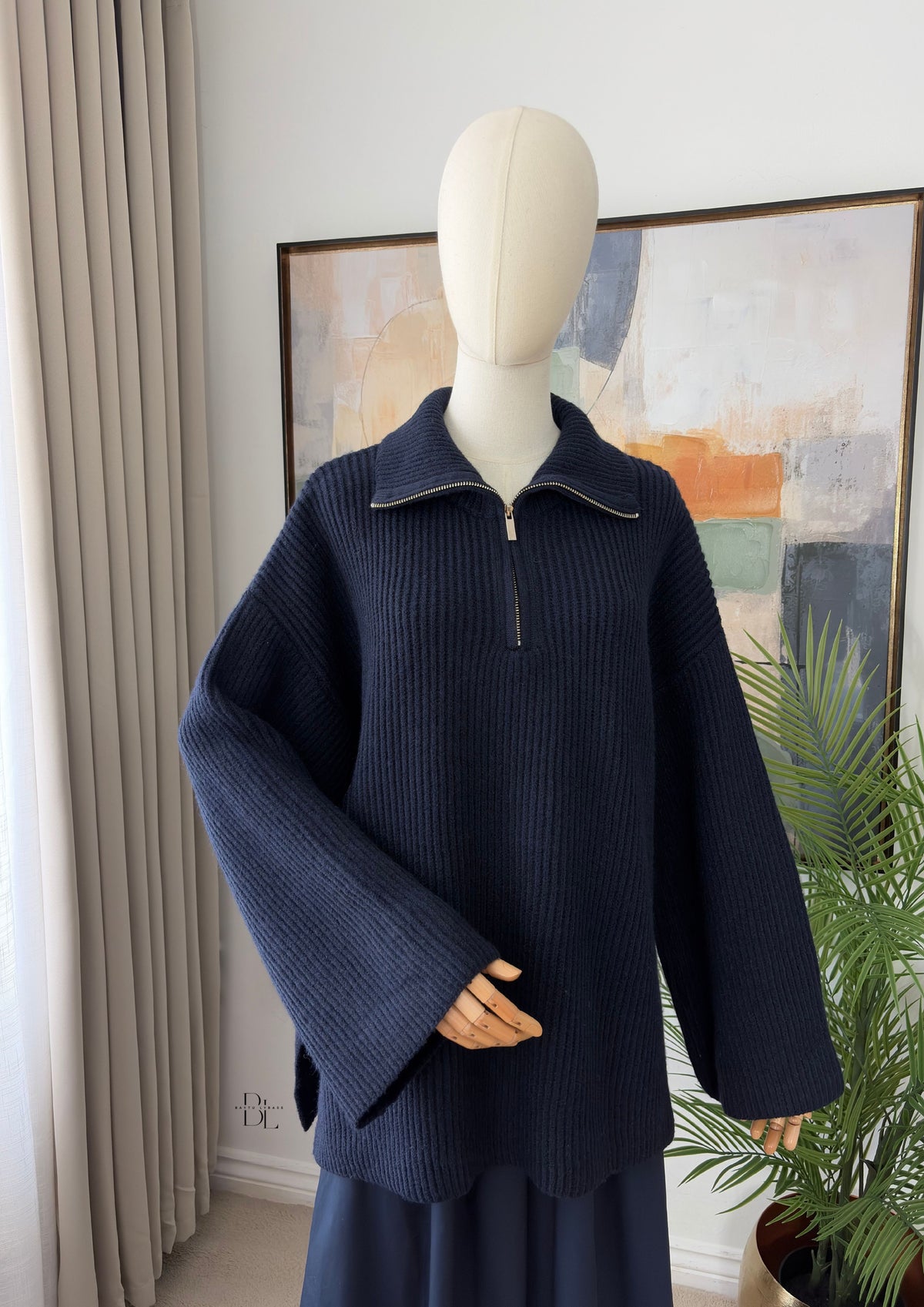 Oversized Ribbed Zip-Neck Jumper