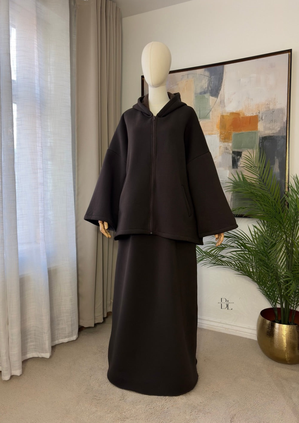 Premium Fleece-Lined Oversized Hooded Two-Piece Set – Modest Winter Jacket and Maxi Skirt