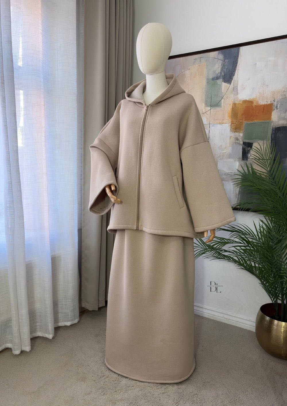 Premium Fleece-Lined Oversized Hooded Two-Piece Set – Modest Winter Jacket and Maxi Skirt