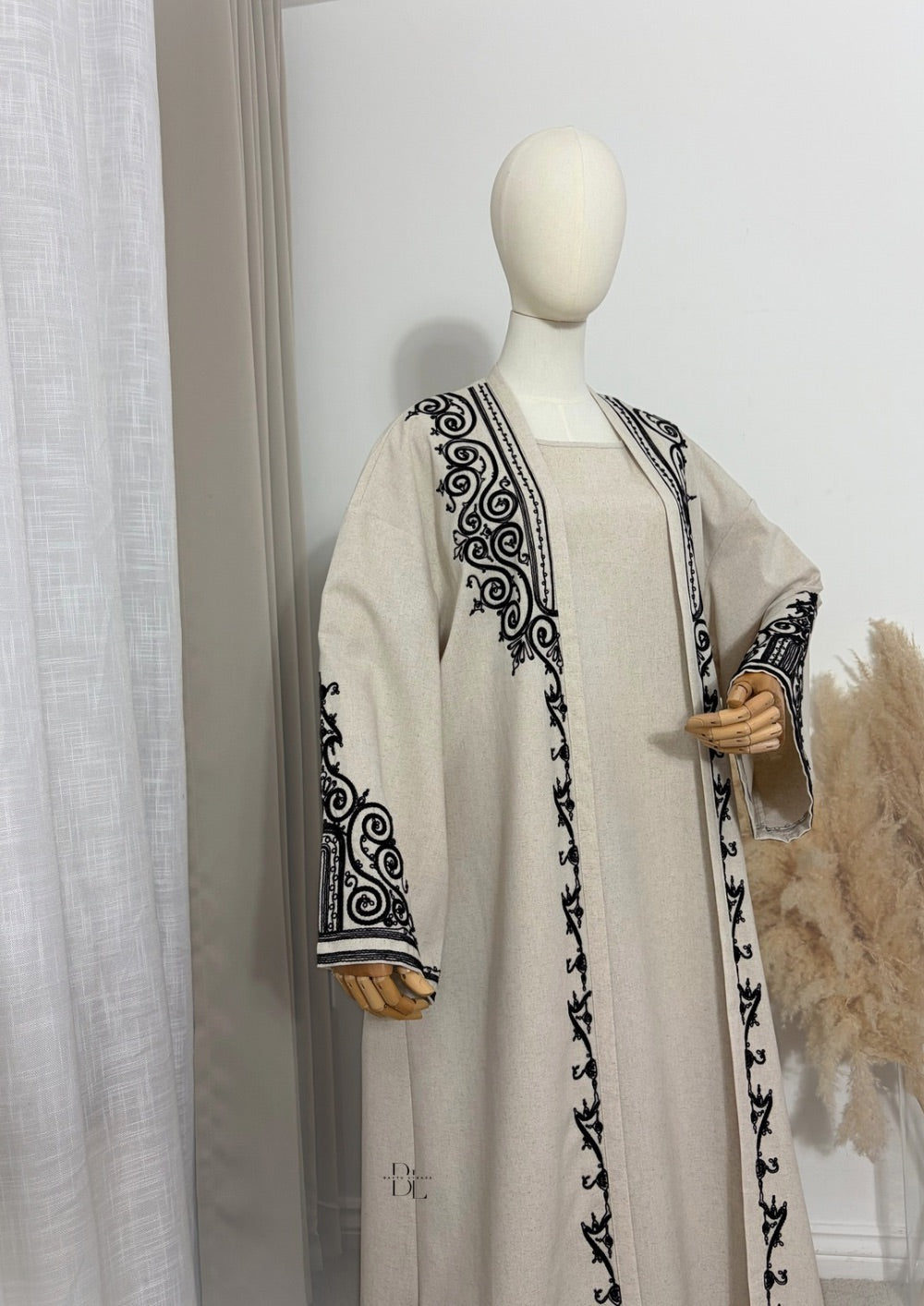 embroidered-kaftan-2-pieces-under-dress-open-abaya-set-beige-cotton-linen-baytu-lybass
