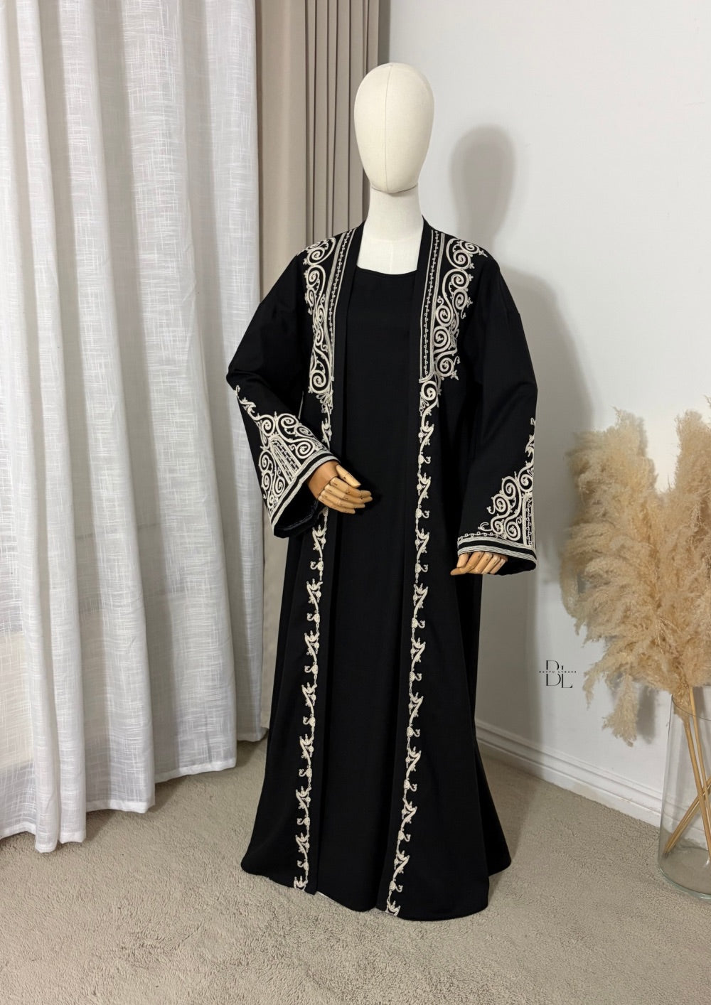 embroidered-kaftan-2-pieces-under-dress-open-abaya-set-black-cotton-linen-baytu-lybass