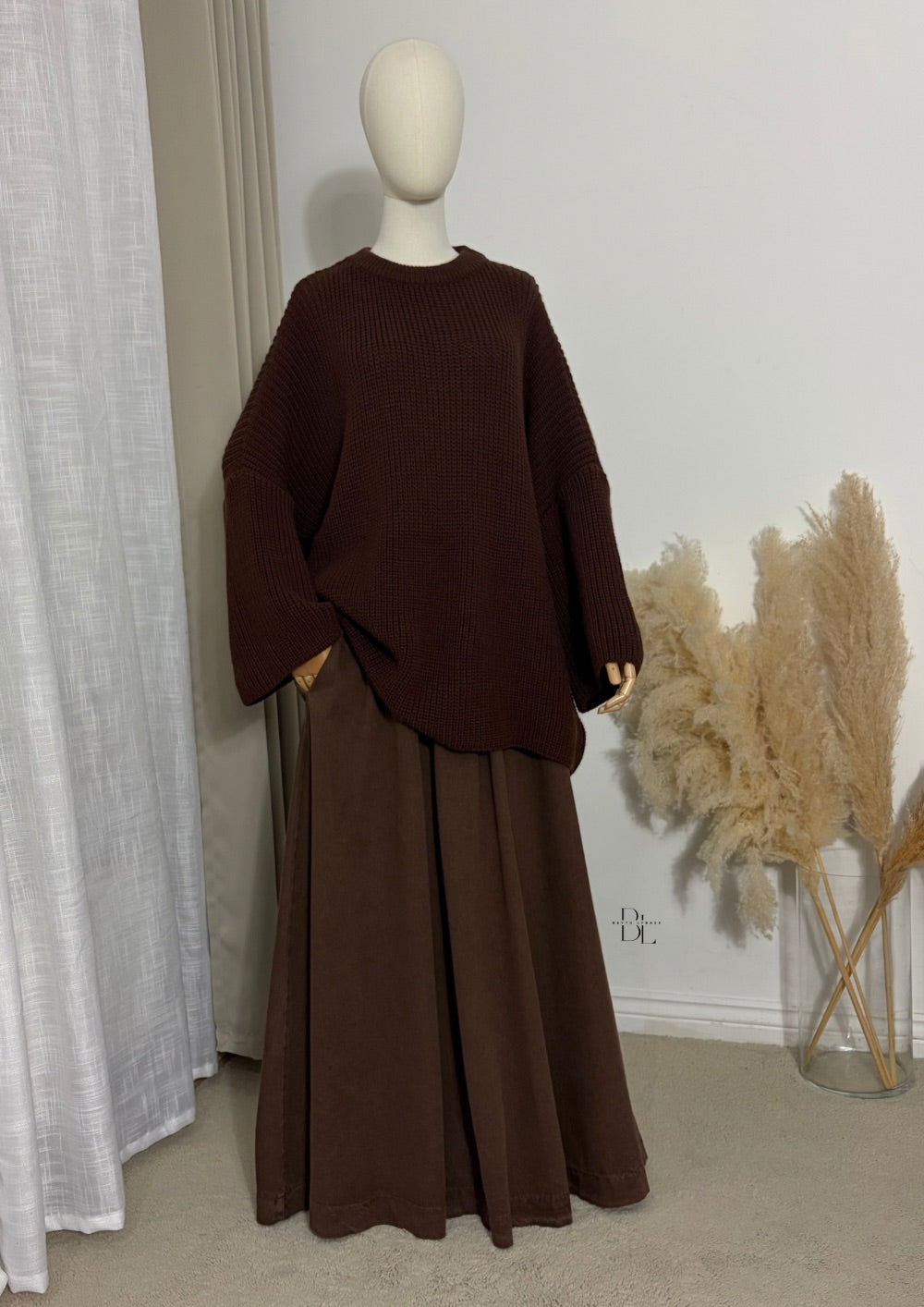 flared-brown-denim-skirt-100%-cotton-baytu-lybass-1