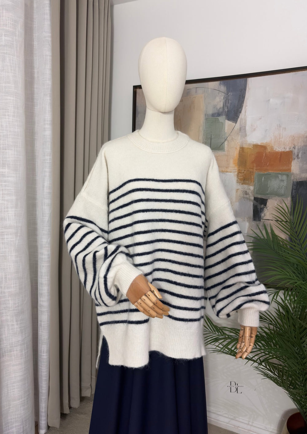 Women’s Oversized Striped Jumper – Balloon Sleeve Soft Knit