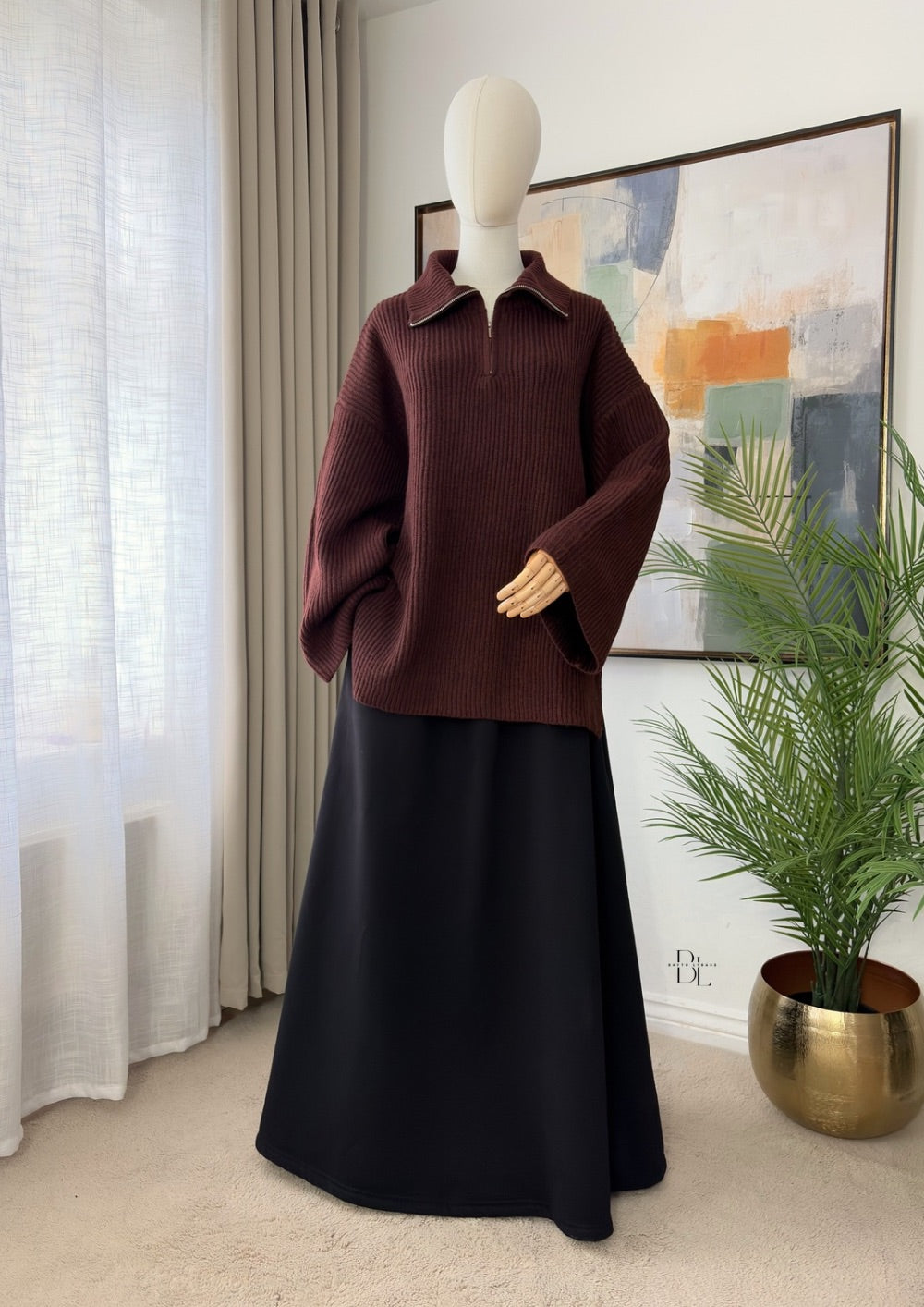Oversized Ribbed Zip-Neck Jumper