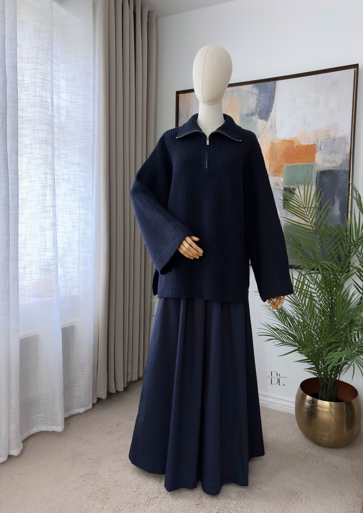 Oversized Ribbed Zip-Neck Jumper