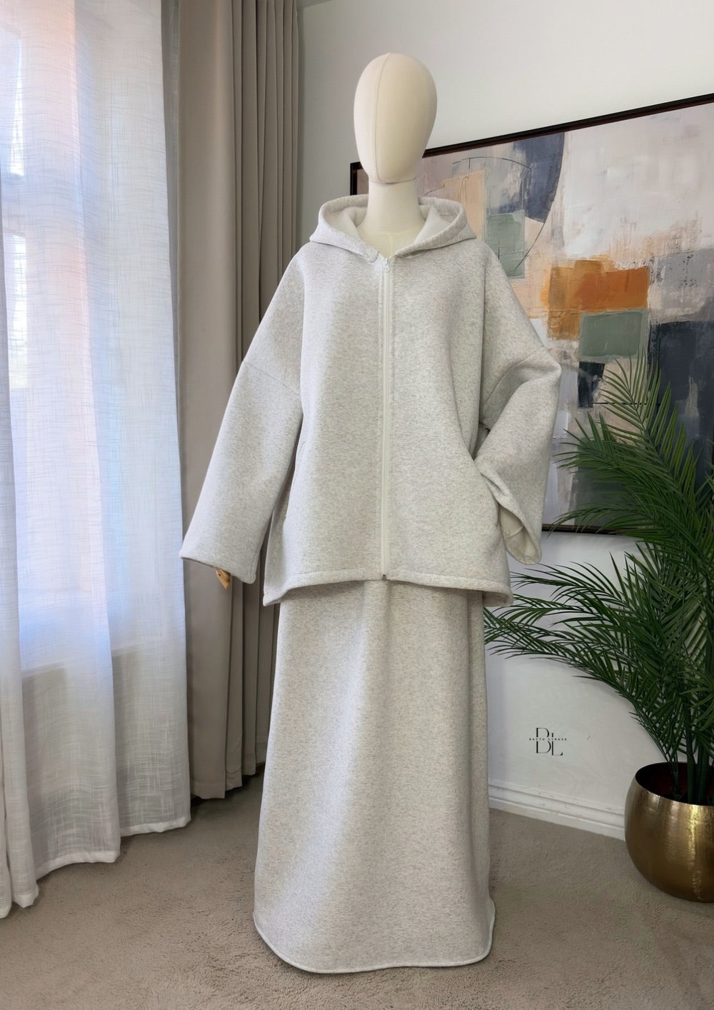 Premium Fleece-Lined Oversized Hooded Two-Piece Set – Modest Winter Jacket and Maxi Skirt
