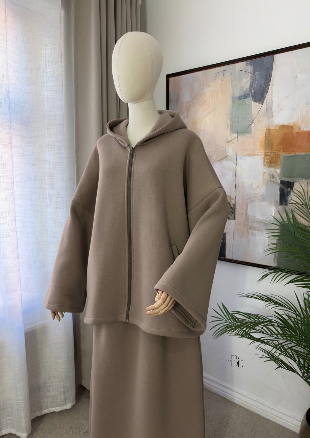 Premium Fleece-Lined Oversized Hooded Two-Piece Set – Modest Winter Jacket and Maxi Skirt