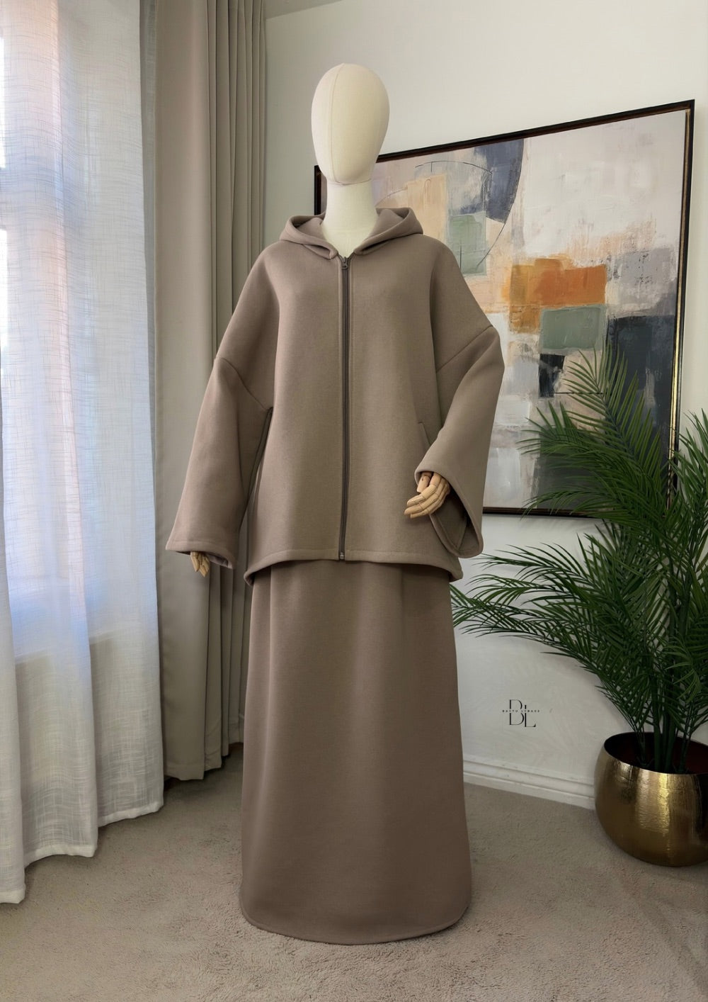 Premium Fleece-Lined Oversized Hooded Two-Piece Set – Modest Winter Jacket and Maxi Skirt