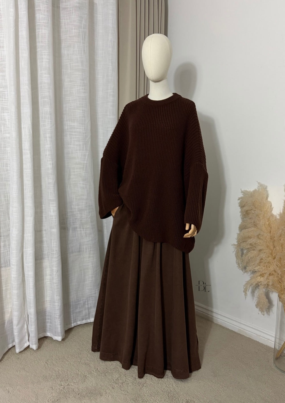 flared-brown-denim-skirt-100%-cotton-baytu-lybass