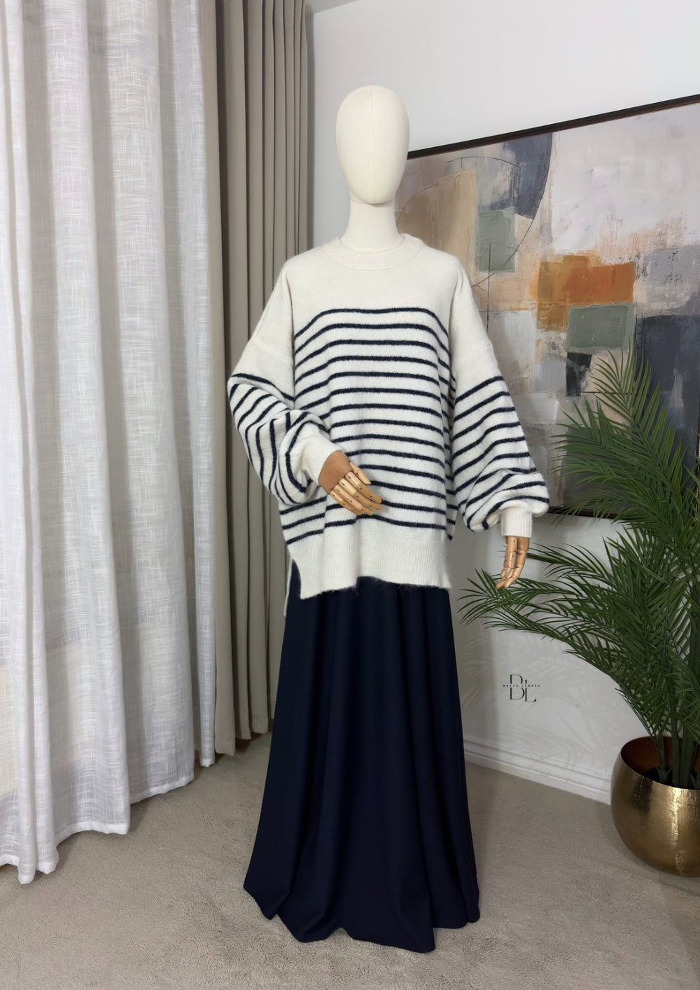 Women’s Oversized Striped Jumper – Balloon Sleeve Soft Knit