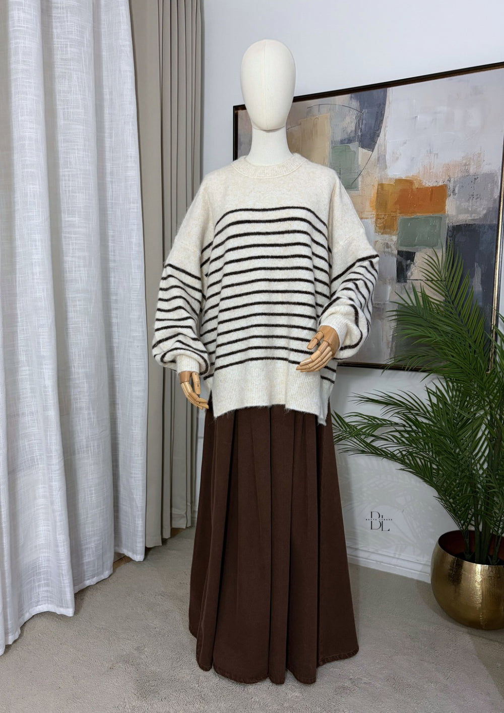 Women’s Oversized Striped Jumper – Balloon Sleeve Soft Knit