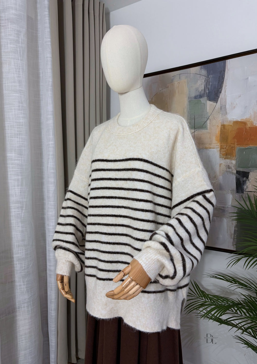 Women’s Oversized Striped Jumper – Balloon Sleeve Soft Knit